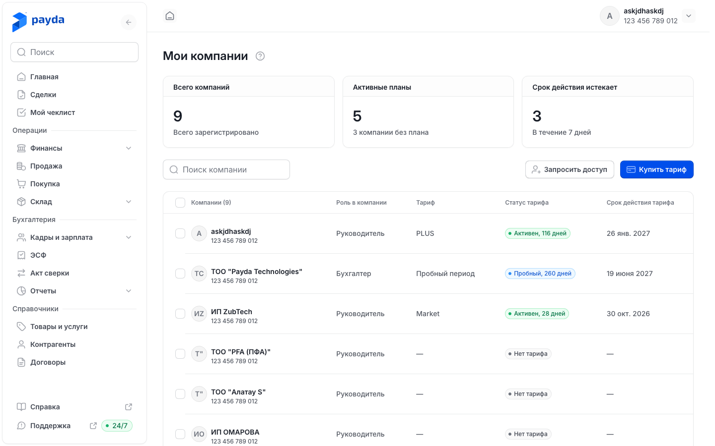 The «Мои компании» page: plan summary and the table of companies